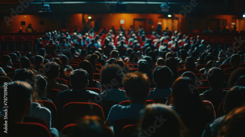 A large crowd of people sitting in rows inside a theater, attentively watching a performance on stage