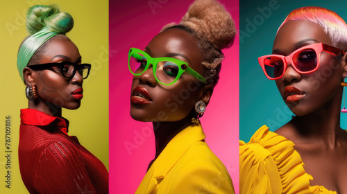 Three women standing together, wearing vibrant neon colored glasses photo