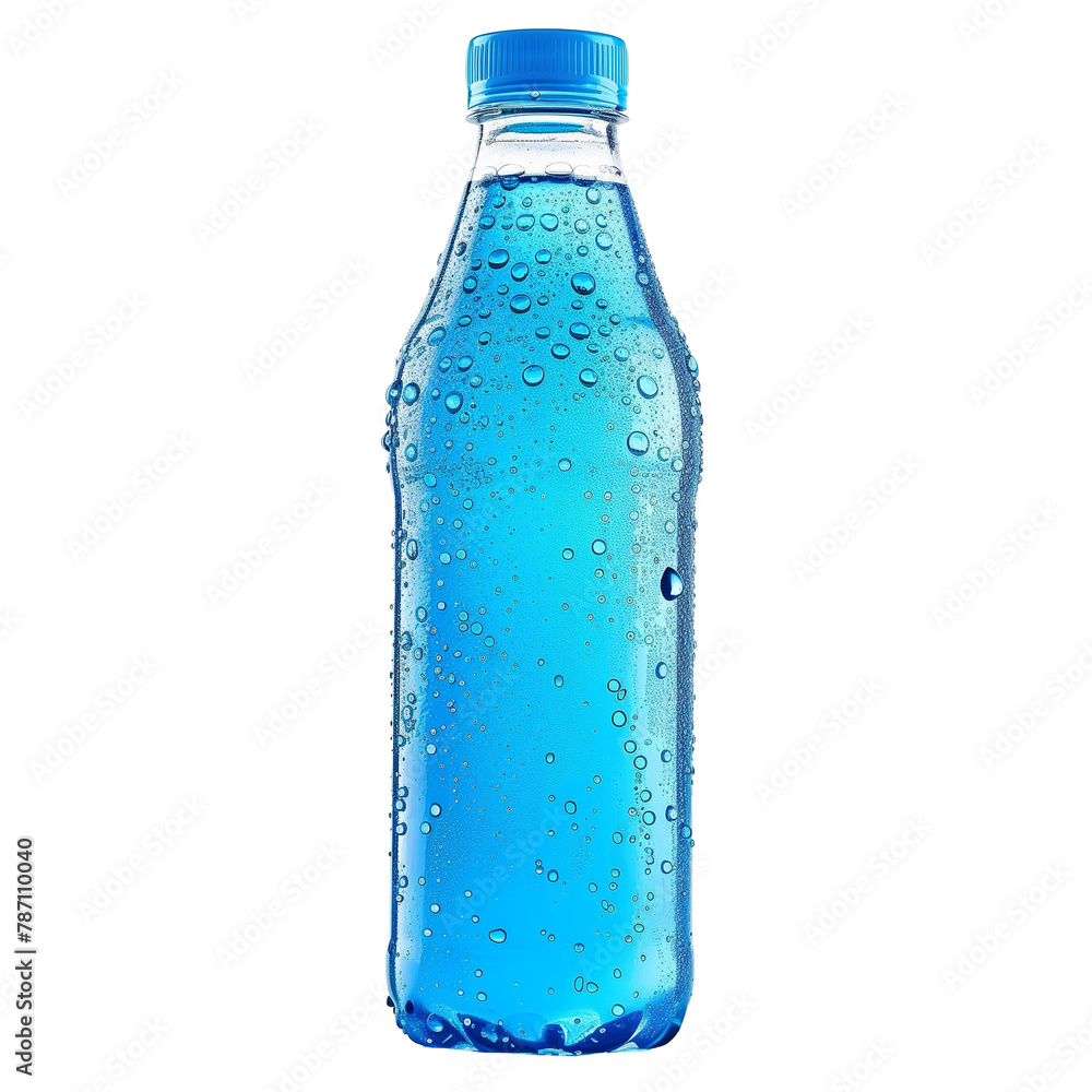 An icy blue sports drink, with droplets condensing on the sleek bottle, energizing athletes and adventurers alike, isolated on tarnsparent background An icy blue sports drink, with droplets condensing on the sleek bottle, energizing athletes and adventurers alike, isolated on tarnsparent background