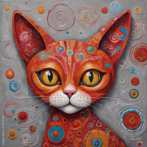 Vibrant Close-Up Portrait of an Red Tabby Cat With Abstract Circular Patterns