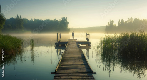 A person standing on a wooden dock in the center of a vast lake, surrounded by calm waters and distant shores under a clear sky photo