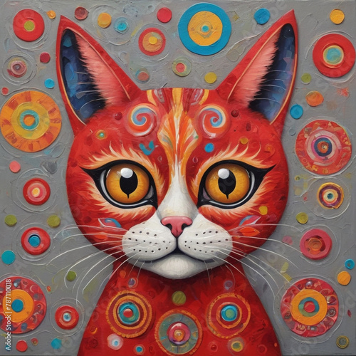 Vibrant Close-Up Portrait of an Red Tabby Cat With Abstract Circular Patterns