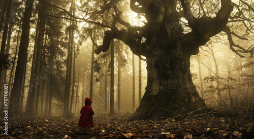 A person wearing a red coat is standing in front of a large tree, creating a striking contrast in colors and sizes