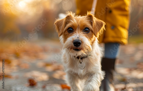 Cute small jack russell dog is going for walk with his owner in the park. Pets outdoors