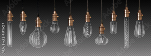 Tuned off lightbulbs 3d realistic vector illustration set. Interior decor pendant lantern assortment design. Incandescent lamps on transparent background