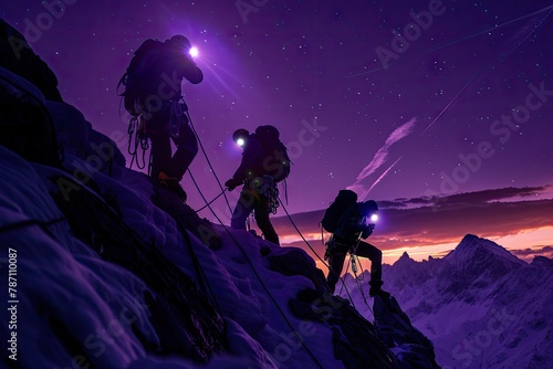 silhouettes of three rock climbers climbing on big mountains with white torches in the clear dark during nighttime with purple galaxy and sky with white stars in the background 