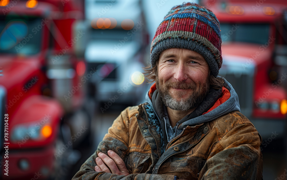 Man stands in front of row of big rigs