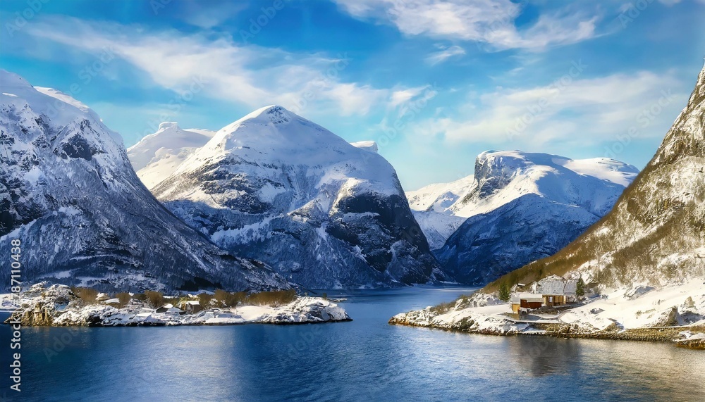 Wallpapers Cozy cabin nestled along the Norwegian fjords, surrounded by snow-capped peaks.