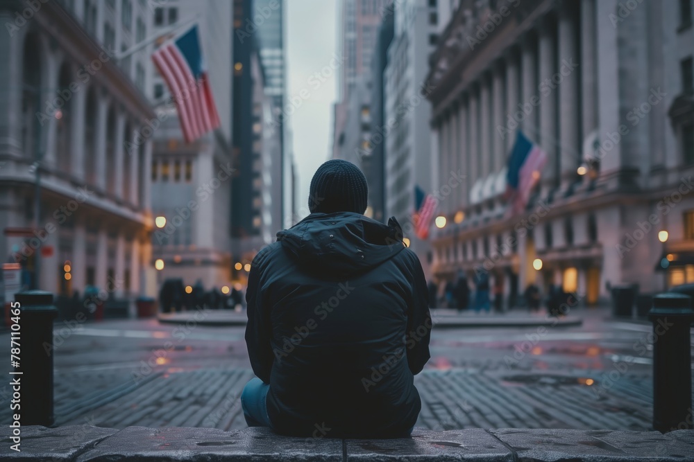 Obraz premium Person sitting quietly on city street