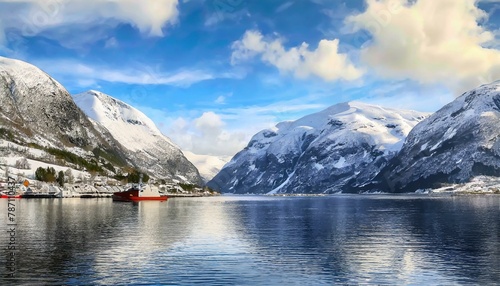 Wallpapers Cozy cabin nestled along the Norwegian fjords, surrounded by snow-capped peaks.