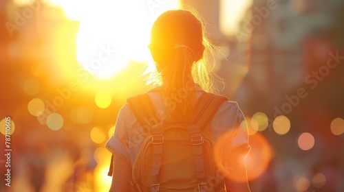 Woman with backpack walking down street at sunset with sun in background, peaceful evening stroll in urban setting photo