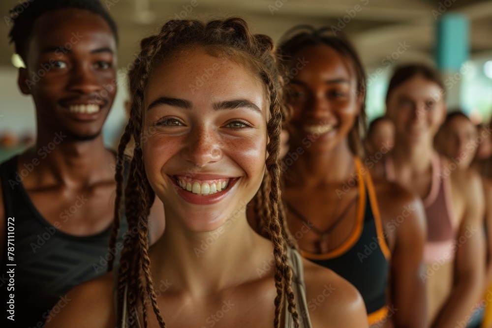 Fototapeta premium Diverse Group of Smiling People Working Out Together in a Bright and Spacious Gymnasium