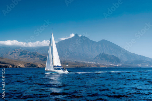 Sailboat Sailing in Ocean With Mountain Background