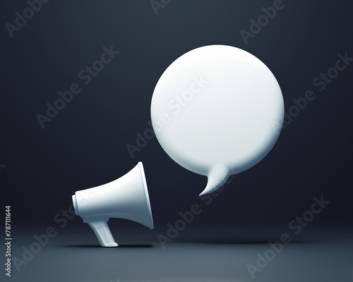 Megaphone and speech bubble background illustration on black background. speakerphone 3d rendering. Loudspeaker, announcement, attention, marketing, important speech, promotion, advertising
