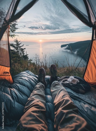 Person Laying in Tent With Feet Up