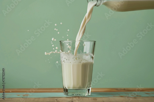 A glass of milk being poured into a cup. photo