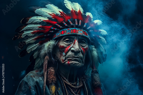 A man wearing a red and blue headdress