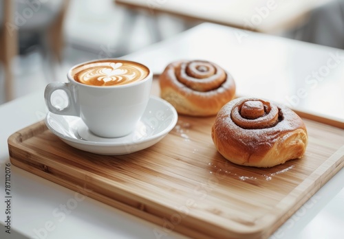 Coffee Cup and Cinnamon Roll on Wooden Tray