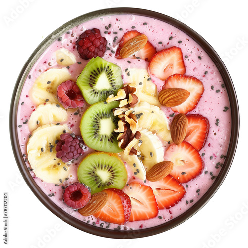 A smoothie bowl, artistically topped with slices of fruit and nuts, representing a drinkable meal of health and vitality, isolated on transparent background © SRITE KHATUN
