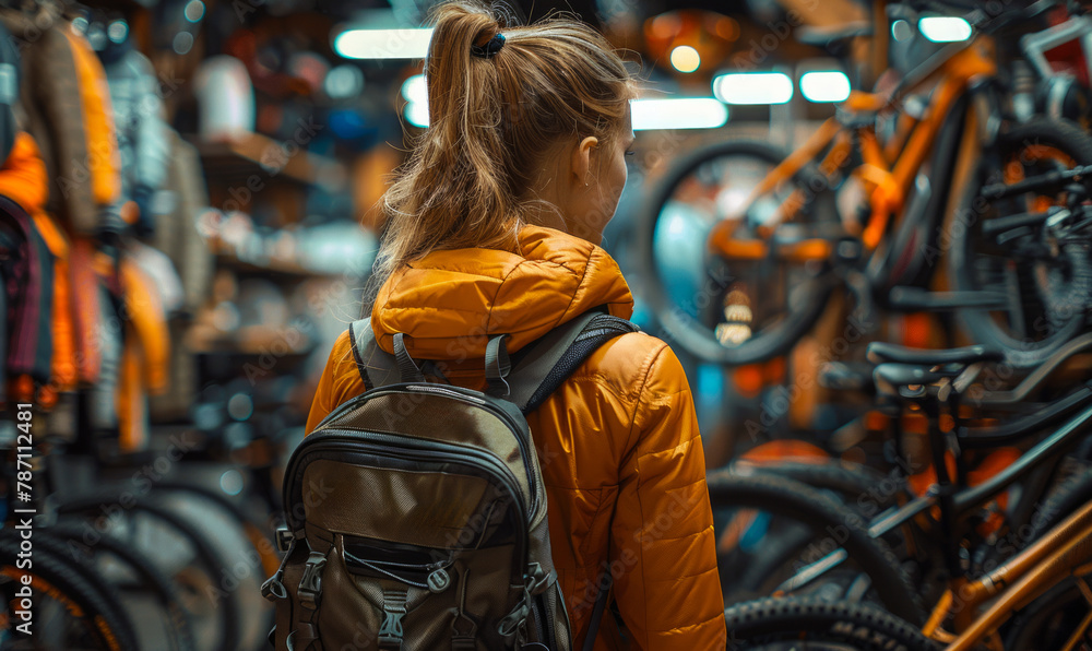Girl is looking at bicycles in bike shop.