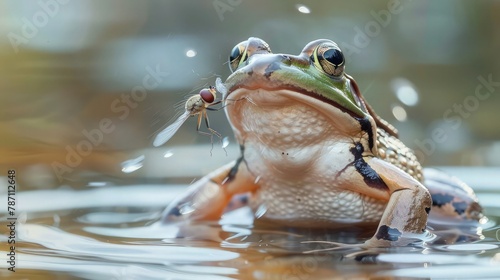 Frog catching a damsel fly.