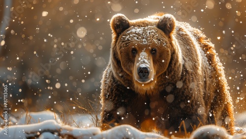 A brown bear, a carnivorous terrestrial animal with fur, is wandering through the snowy woods, a natural landscape. It may be a Kodiak bear or grizzly bear, seeking water, a vital liquid