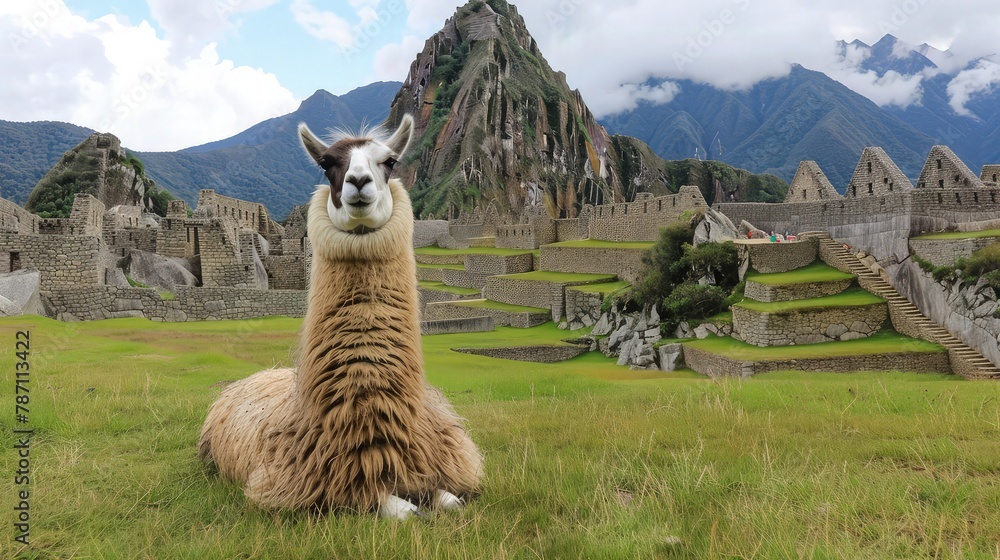 Fototapeta premium Funny Llama in Machu Picchu.