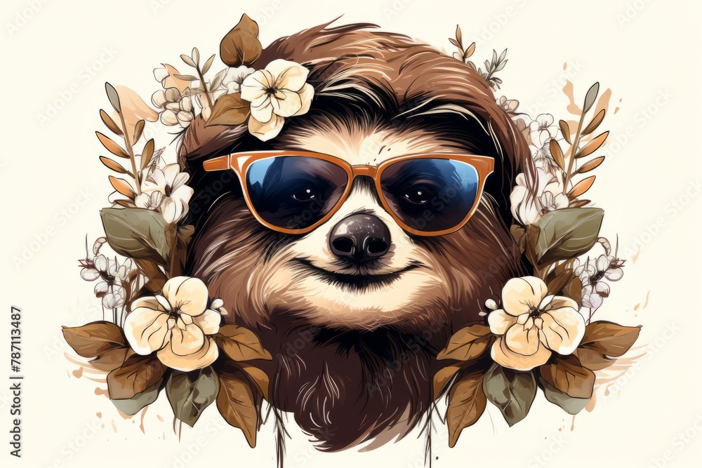 Fototapeta premium A sloth is donning a pair of sunglasses and has a decorative floral arrangement around its neck, giving off a stylish and fashionable vibe