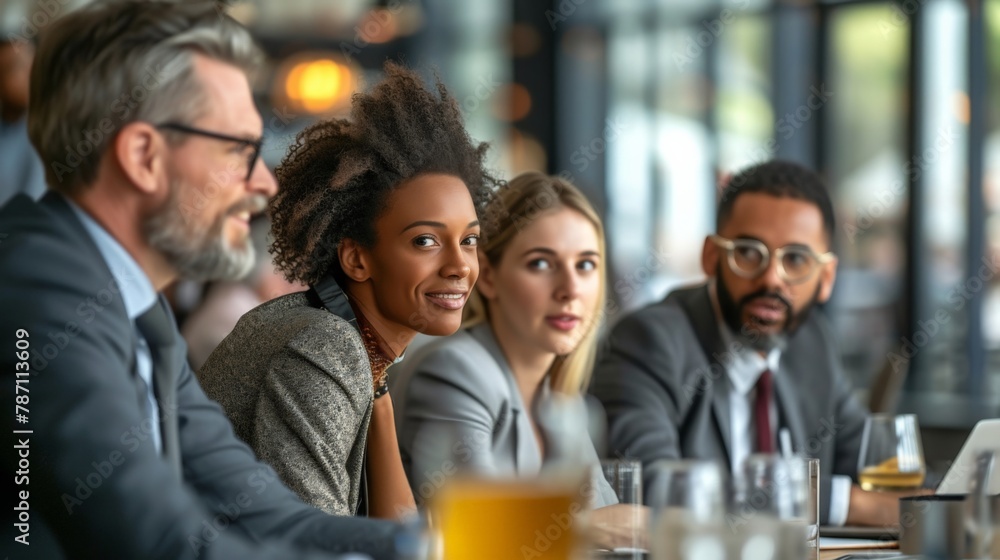 Diverse group of professionals having a meeting in a modern conference room, engaged in a discussion Diverse group of professionals having a meeting in a modern conference room, engaged in a discussion