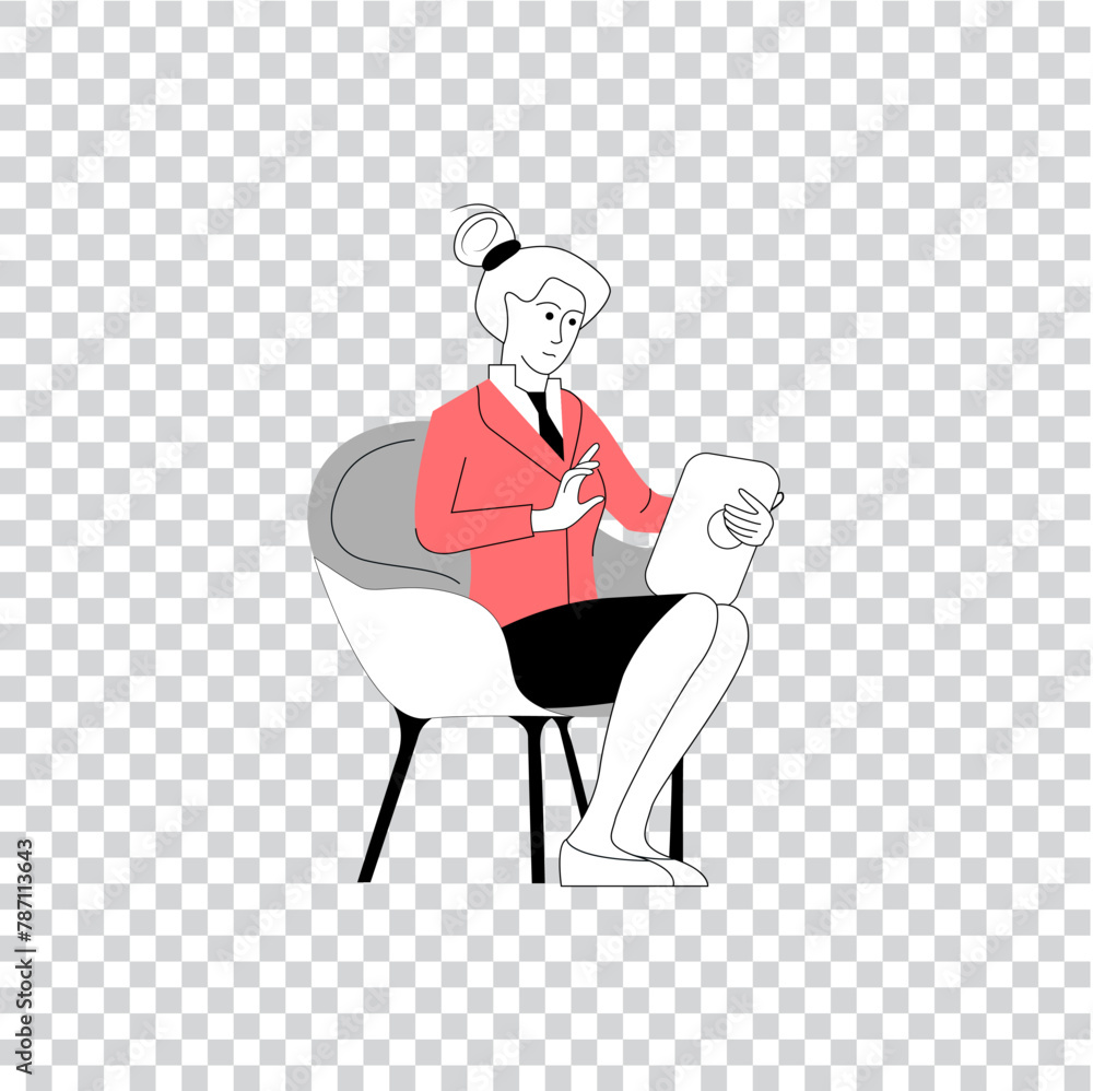 Business woman sitting in a chair and holding a tablet. The illustration can be used to create presentations and more. Vector eps10 Business woman sitting in a chair and holding a tablet. The illustration can be used to create presentations and more. Vector eps10