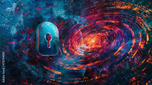 A blue lock with a red key is shown in front of a swirling galaxy