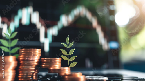 Financial Growth Concept  Coins and Plant with Chart Background