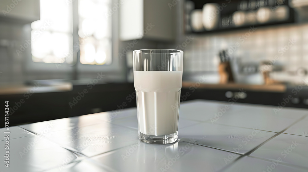 A glass of milk on a kitchen counter. A glass of milk on a kitchen counter.