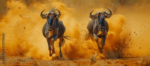 Two wildebeest are sprinting across a grassland ecoregion, creating a dynamic scene reminiscent of a painting capturing the beauty of terrestrial animals in their natural habitat