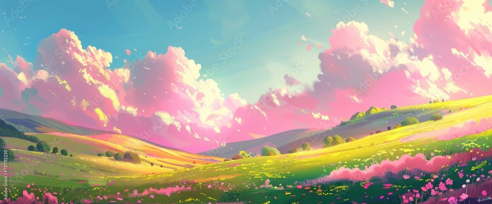 Beautiful landscape with pink clouds in the sky and green hills in an anime style.