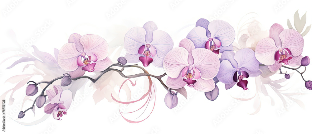 a drawing of a branch of orchids with purple flowers