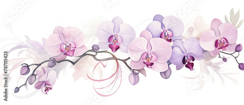 a drawing of a branch of orchids with purple flowers