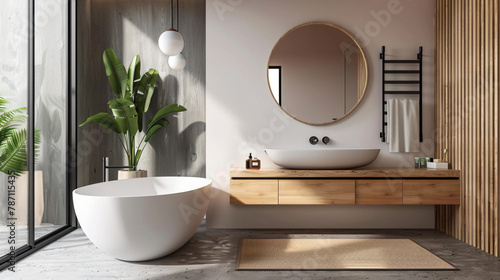 Stylish bathroom interior with heated towel rail 