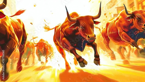 Bull Market Bliss: Illustrations of Happy Bull Figures in a Thriving Market Environment, Symbolizing Positive Sentiment photo