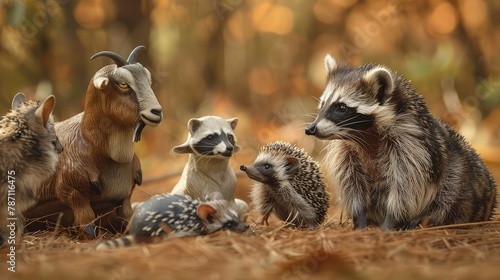 Group of animals listening to the minature goat,, minature goat,, raccoon,, chinchilla. photo