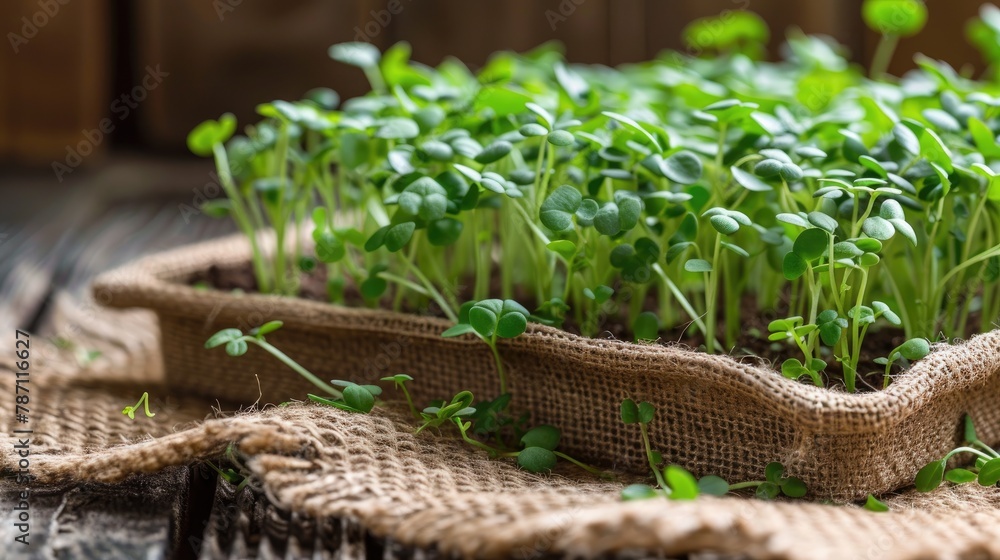 Naklejka premium Planting Microgreens Tray of Arugula Seeds on Jute Mat
