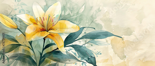 a painting of a yellow flower with green leaves