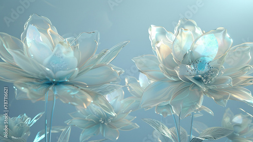 Translucent 3D flowers in moonstone hues catch light against a serene blue, hinting at mystique. photo