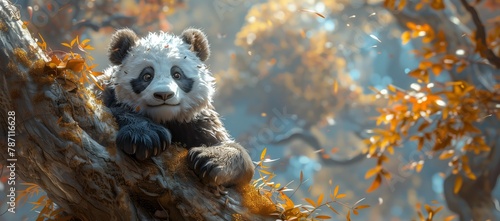 A Canidae carnivore, panda bear, with fur, sitting on a tree branch in a natural landscape forest. A terrestrial animal in a wildlife environment photo