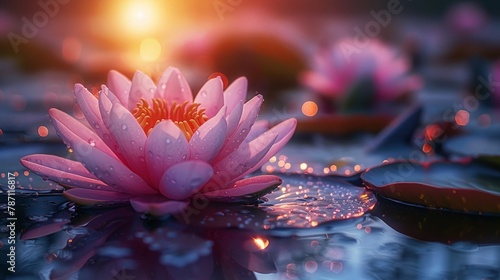Sacred lotus, pool of purity, dawn, bloom of enlightenment, close serenity, morning light, spiritual bloom