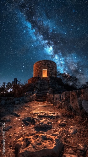 Celestial alignment, ancient observatory, midnight, cosmic event study, wide shot, starry mystery, astral significance