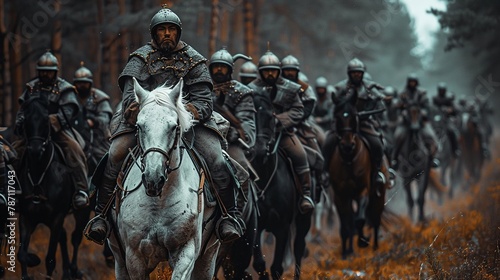 Centaur s charge, forest battalion, noon, half man, half horse warriors, wide rush, bright clash, mythical cavalry © AlexCaelus