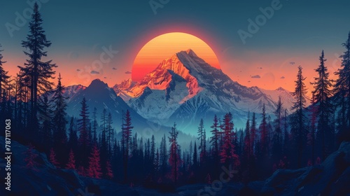 A beautiful landscape image of a mountain range at sunset. The sky is a deep orange and the sun is setting behind the mountains. The mountains are covered in snow. photo