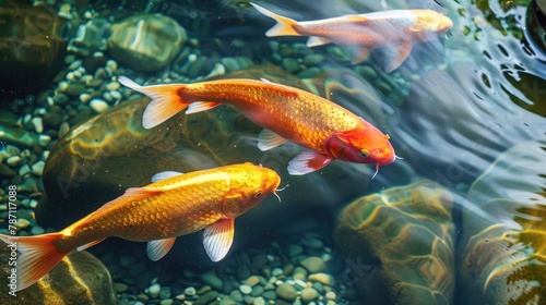 Golden fish swimming in a clear koi pond © 220 AI Studio