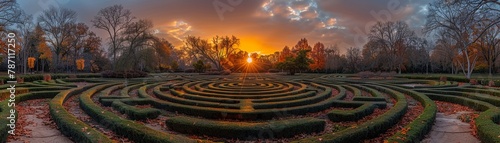 Labyrinth garden, twisting paths, sunset, labyrinth exploration scene, high angle, soft shadows, mysterious journey 